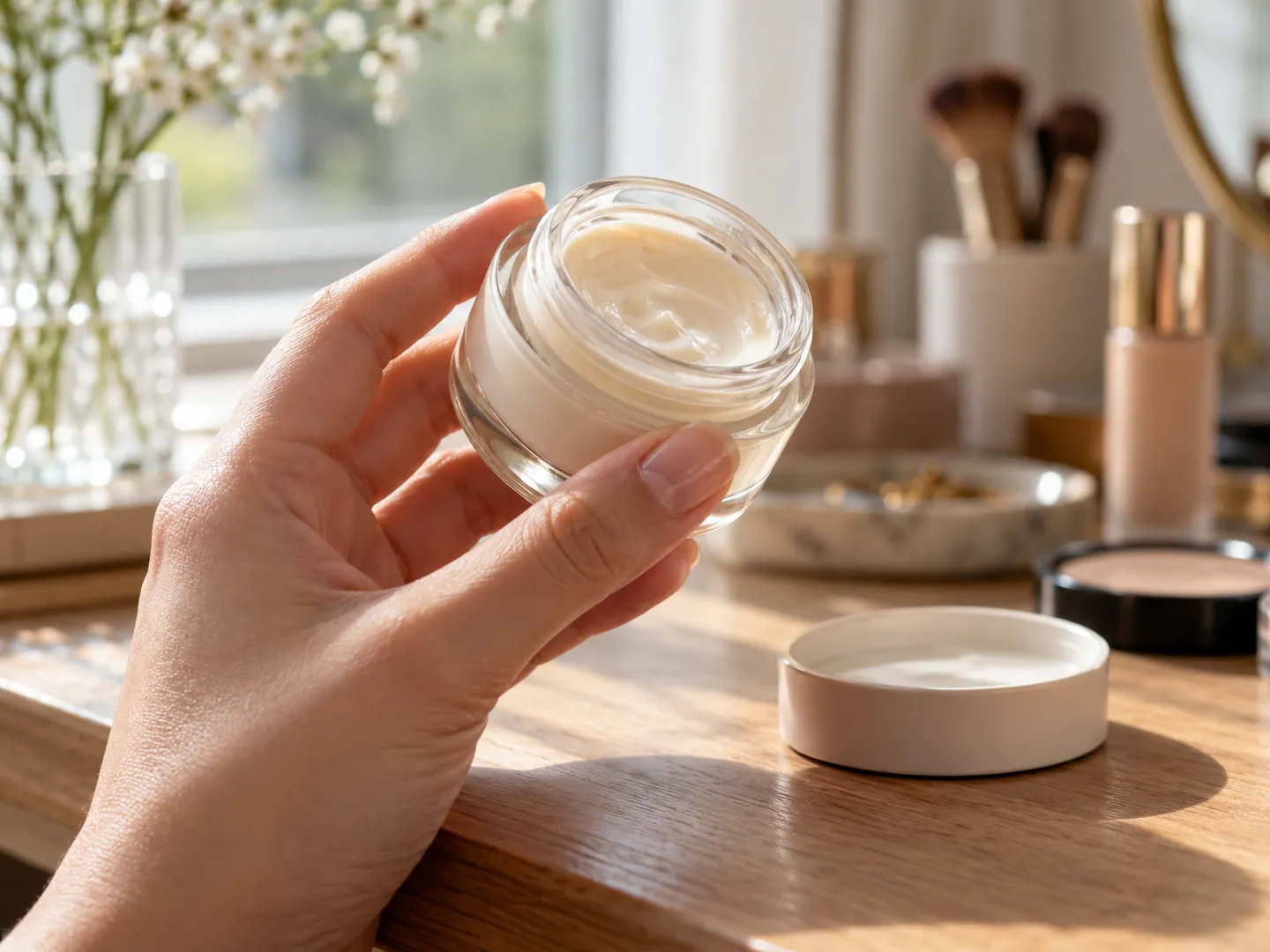 A hand holding a small cream jar with its lid open, the base of the jar tilted towards the light beside other makeup