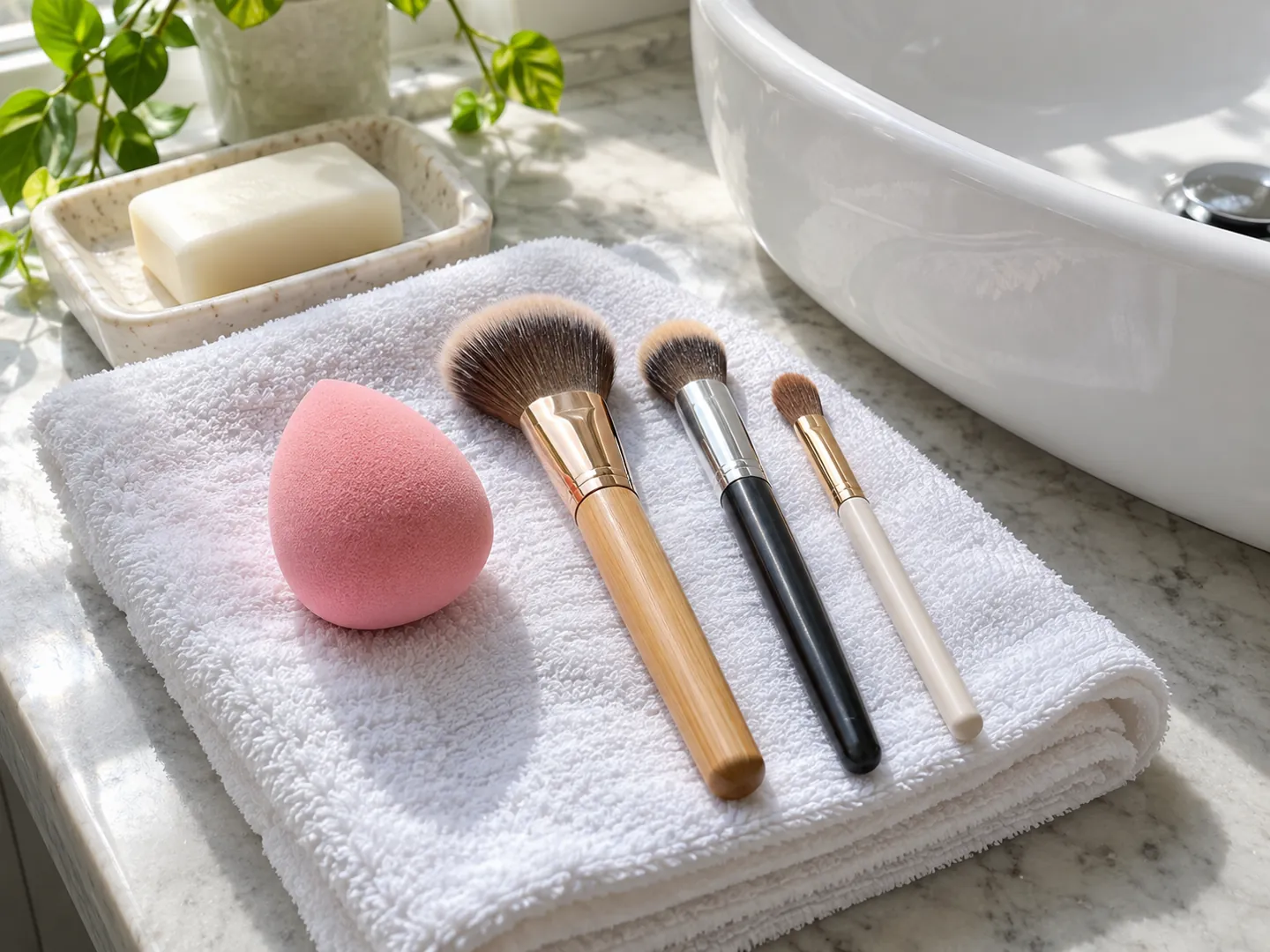 A makeup sponge and brushes drying on a clean towel beside a bathroom basin after washing
