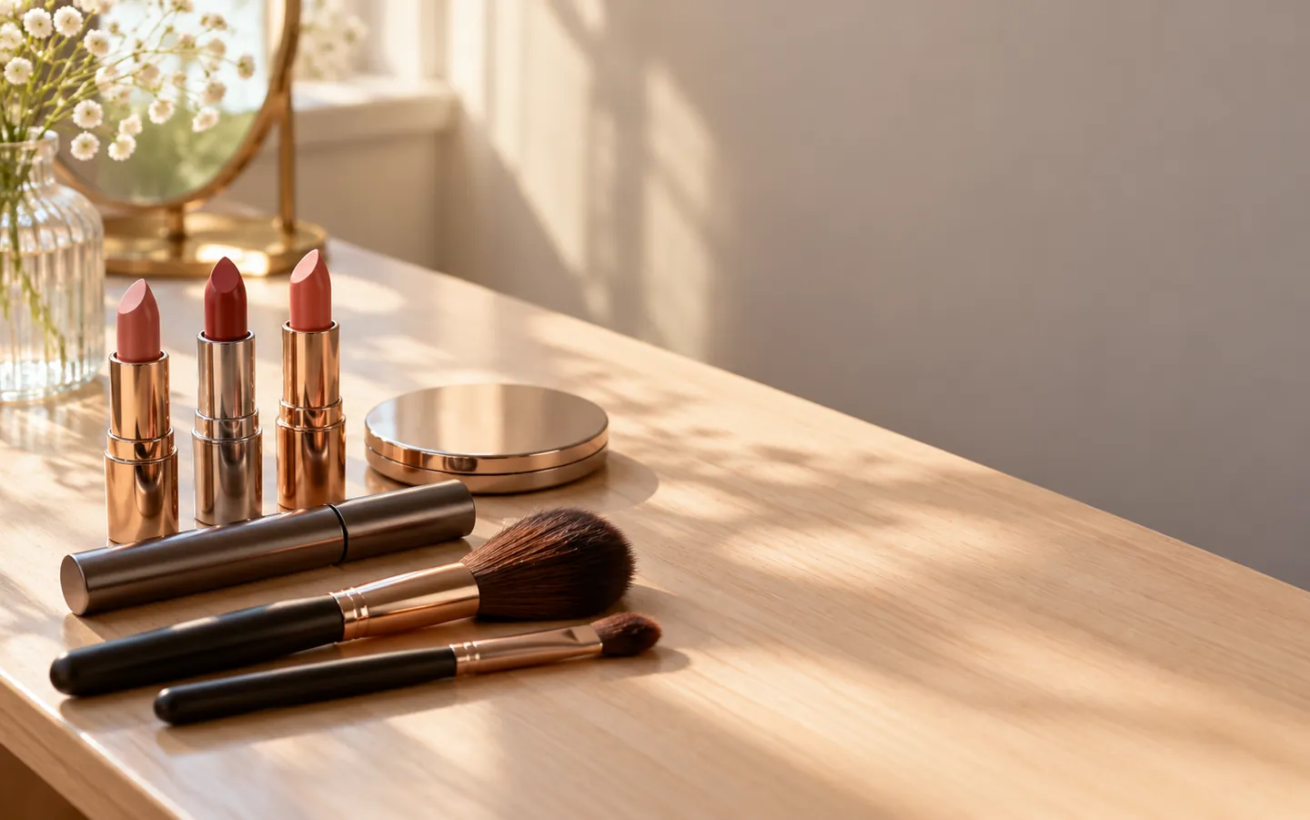 Lipsticks, a compact, a mascara tube and brushes laid out on a pale dressing table in soft morning light